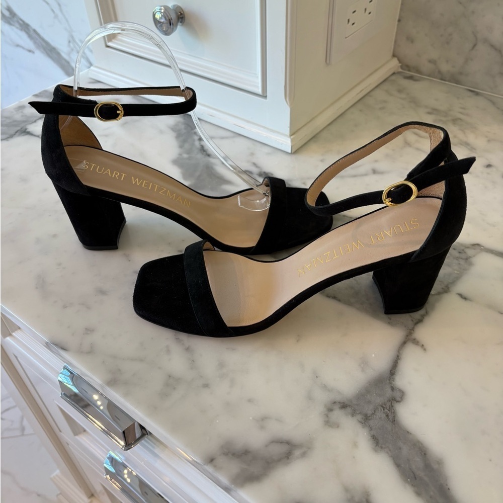 Stuart Weitzman Black Heels Ankle-Strap Sandals - Picture 2 of 12